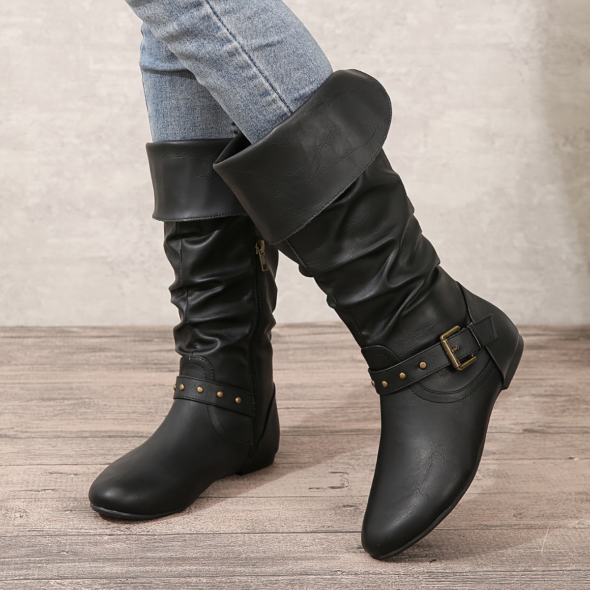 Retro Chic Pleated Knee-High Women's Boots with Buckle Detail