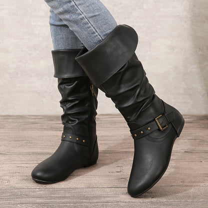 Retro Chic Pleated Knee-High Women's Boots with Buckle Detail