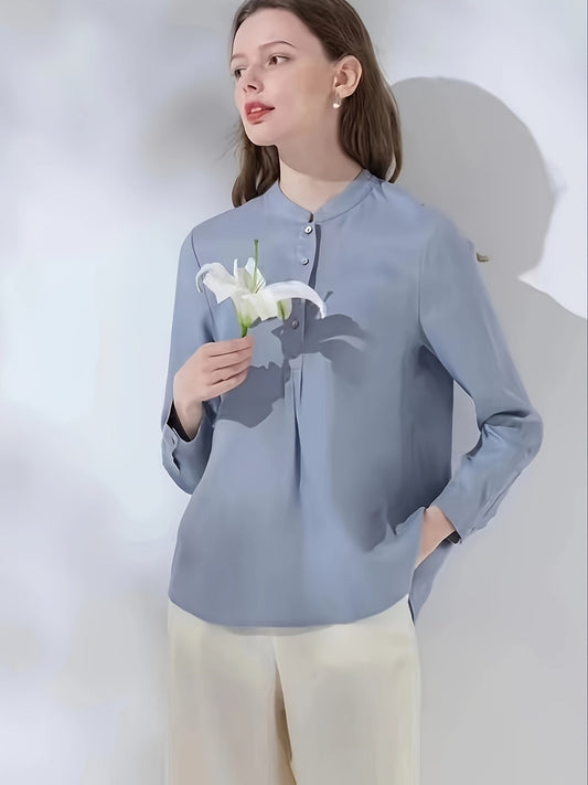 Women's - Linen Shirt - Light Blue Long-Sleeved with Split Sleeves - Elegant and Comfortable Style