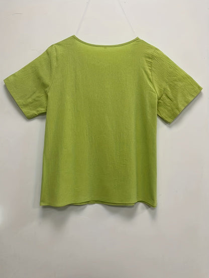 Women's - Oversized Linen Blouse - Casual Short-Sleeved Jumper Shirt with Print - Stylish Summer Top
