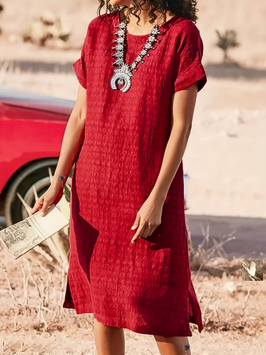 Women's Midi Dress - Loose Fit - Short Sleeve - Round Neck - Textured Breathable Fabric