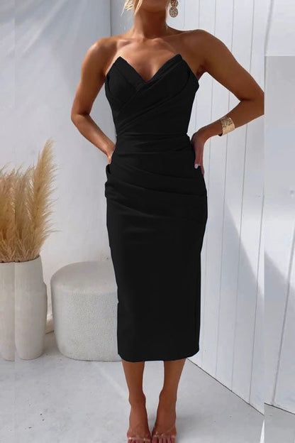 Women's Strapless Midi Dress - Sweetheart Neckline - Ruched Bodycon Elegant Fit