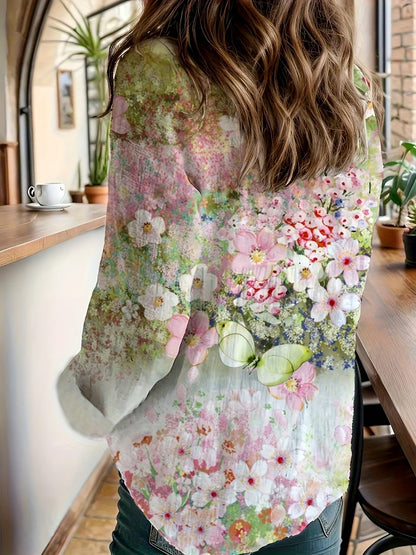 Women's -  Linen Shirt - Floral Pattern, Long Sleeves & Upturned Collar - Romantic Style for Effortless Elegance