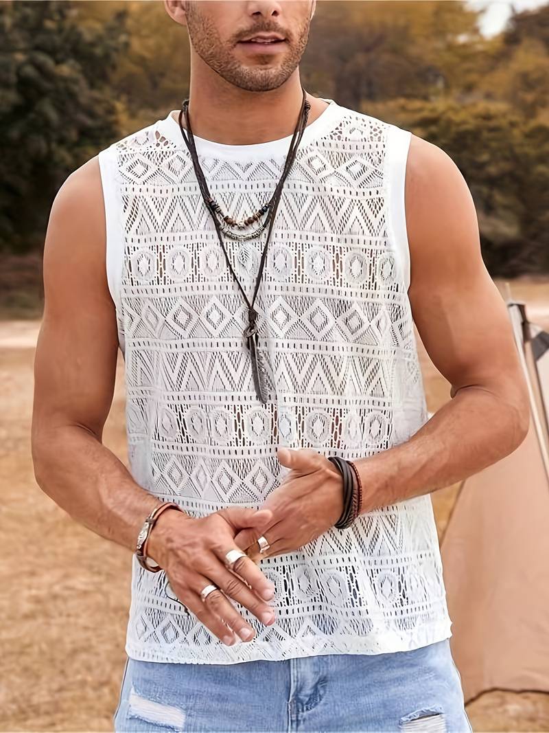Men’s Sleeveless Lace Top - Geometric See-Through Design - Lightweight Casual Wear