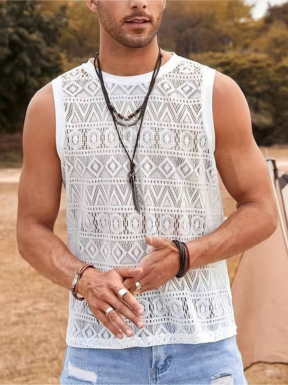 Men’s Sleeveless Lace Top - Geometric See-Through Design - Lightweight Casual Wear
