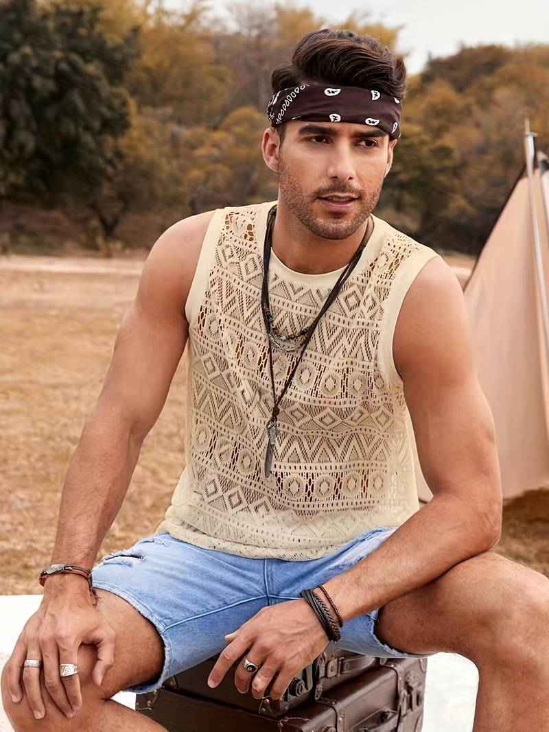 Men’s Sleeveless Lace Top - Geometric See-Through Design - Lightweight Casual Wear