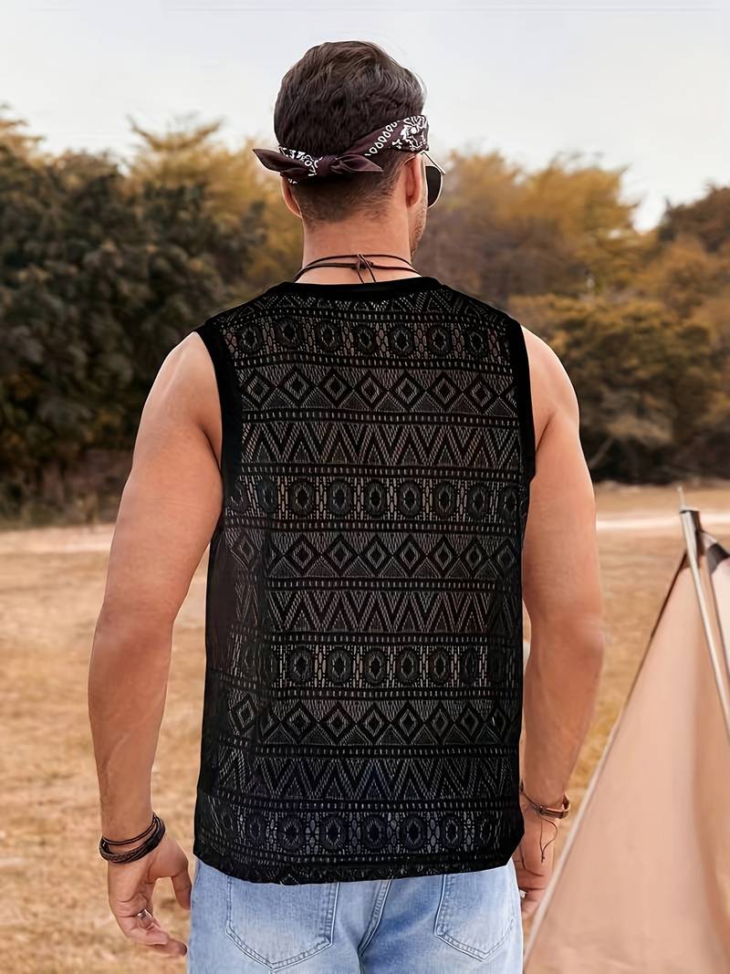 Men’s Sleeveless Lace Top - Geometric See-Through Design - Lightweight Casual Wear