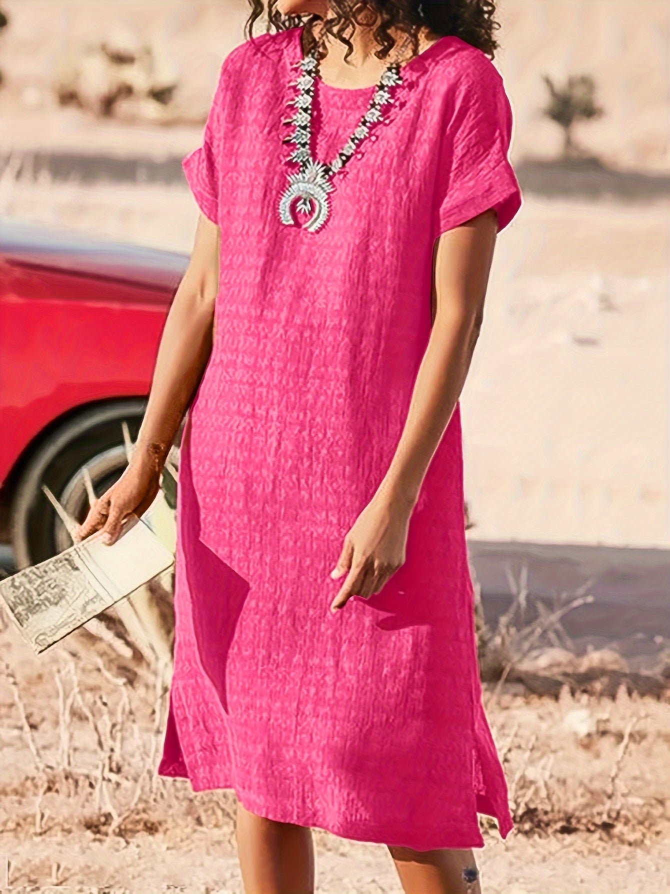 Women's Midi Dress - Loose Fit - Short Sleeve - Round Neck - Textured Breathable Fabric