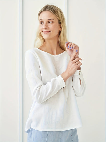 Women’s - Linen Blouse - Casual Long-Sleeved Shirt with Button Placket - Comfortable Everyday Style