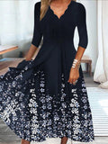 Women's Midi Dress - Scalloped V-Neck - Three-Quarter Sleeve - A-Line Floral Pattern