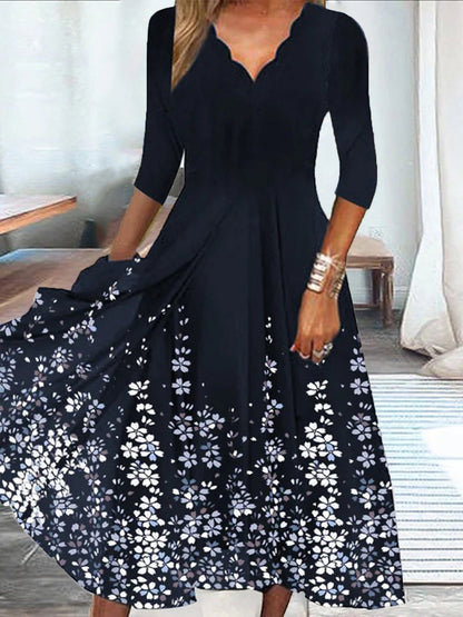 Women's Midi Dress - Scalloped V-Neck - Three-Quarter Sleeve - A-Line Floral Pattern