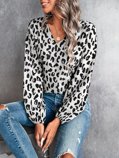 Women's - V-neck Style Blouse - Leopard Pattern - Trendy and Stylish Top for Any Occasion