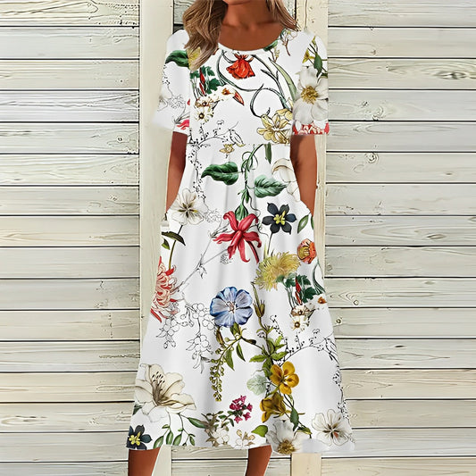 Women's Midi Dress - Floral Print - Relaxed Fit - Short Sleeve - Round Neck - With Pockets