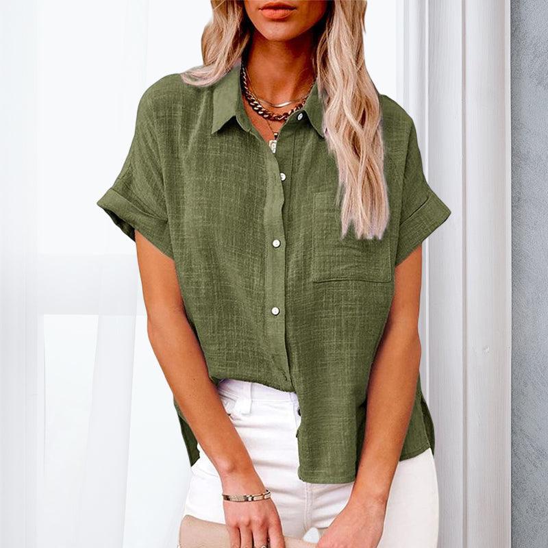 Women's - Relaxed linen blouse with short sleeves
