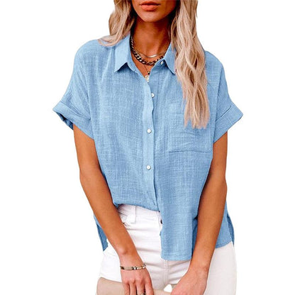 Women's - Relaxed linen blouse with short sleeves