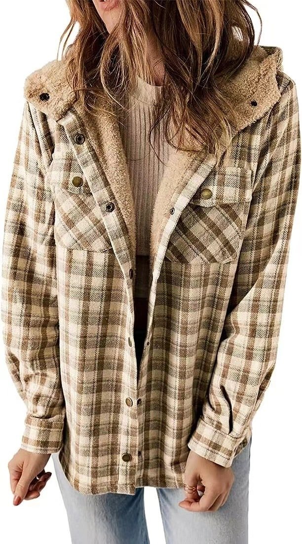 Plaid hooded shirt jacket for women
