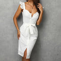 Women's Eyelet Midi Dress - Sweetheart Neckline - Ruffle Sleeves - Belted Waist