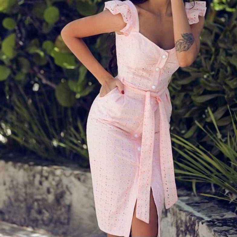 Women's Eyelet Midi Dress - Sweetheart Neckline - Ruffle Sleeves - Belted Waist